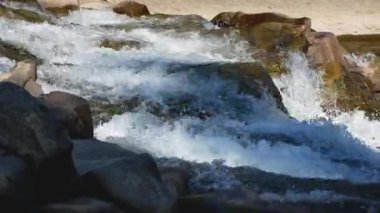 Mountain river close-up. Swift water with foam flows through the stones, sparkles in the sun. Fast mountain river in the wild. Concept of natural purity, wilderness, and mountain landscape. Perfect
