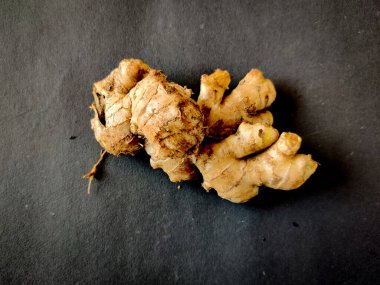 Siyah arka planda büyük bir parça taze zencefil. Seçici odak