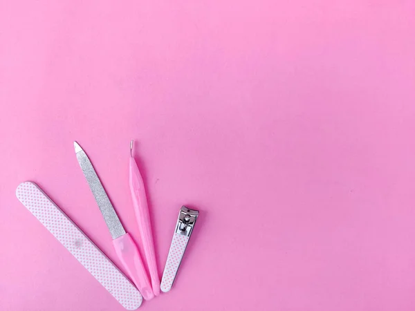 Conjunto Herramientas Manicura Color Rosa Aisladas Sobre Fondo Rosa Copiar — Foto de Stock