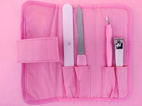 Állítsa Rózsaszín Színű Körömvágó Vagy Manikűr Eszközök Rózsaszín Tasakban — Stock Fotó