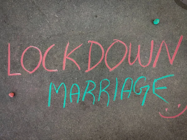 Inscription Text Grey Board Lockdown Marriage Using Color Chalk Pieces — 스톡 사진