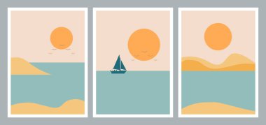 Soyut minimalist estetik posterler, deniz manzaralı arka planlar, siluetler, yatlar. Duvar dekorasyonu, kartpostal veya broşür için moda vektör illüstrasyonu, sosyal medya.
