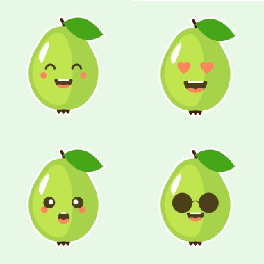 Şirin kawaii yüzlü mutlu guava meyveleri, cümleli şirin sebze karakterleri, tropikal meyve tasarımı izole edilmiş renk arkaplanı