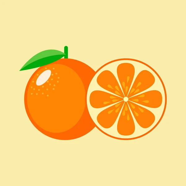 オレンジの果実スライス オレンジフルーツフード天然有機栄養ベクトルイラスト 新鮮な全体と半分のオレンジの果実のセットで 葉は色の背景に孤立しています タンジェリン 有機果実 — ストックベクタ