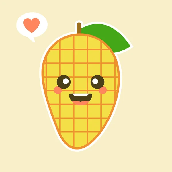 可爱和Kawaii平面卡通漫画芒果图解 带着笑脸的可爱芒果的矢量图解 可爱的芒果吉祥物设计 — 图库矢量图片