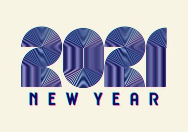Modern geometrik soyut geçmişe sahip retro tarzıyla mutlu yeni yıl 2021 kapağı. 2021 hat yazısı için yeni yıl tebrik kartı tasarımı renkli şekiller içerir. Vektör illüstrasyonu