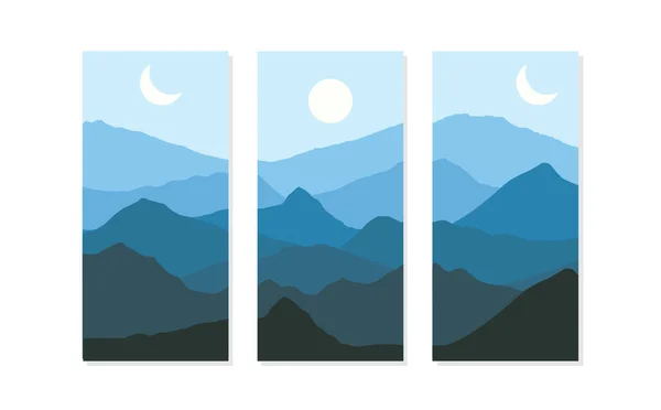 Paisagem Dia Noite Montanha Paisagem Com Lua Sol Ilustração Design — Vetor de Stock