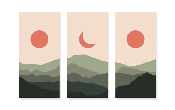 Paisaje Día Noche Montaña Paisaje Con Luna Sol Ilustración Vector — Archivo Imágenes Vectoriales