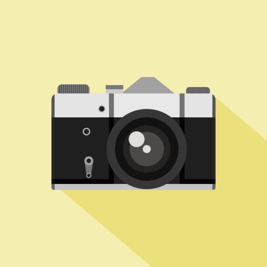 Analog kamera düz tasarım vektör çizimi. Klasik fotoğraf makinesi. Retro tarzı tonlu resim. Asgari konsept