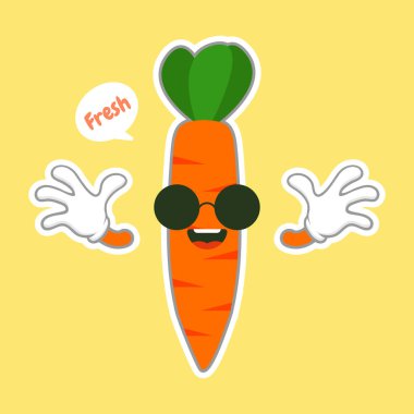 Komik havuç çizgi film karakteri, vejetaryen kavramı, havuç sevgisi. Yiyecek ve sebze konsepti. Turuncu havuç logosu simgesi.