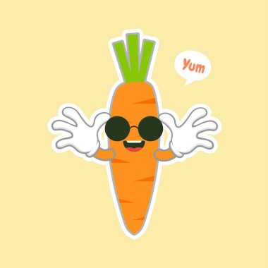 Sevimli ve kawaii havuç karakteri. Balon çıkartması. Güzel sebze. Vektör çizimi. Mavi arka planda havuç kadar zeki bir inek karakter. Sağlıklı gıda konsepti. Akıllı vejetaryen diyet posteri