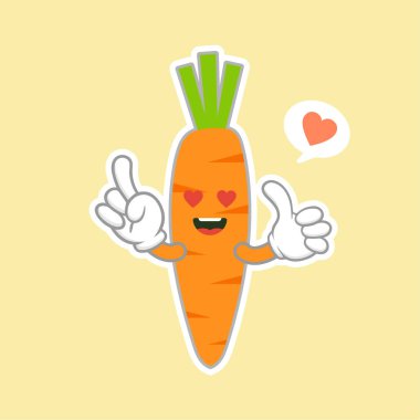 Sevimli ve kawaii havuç karakteri. Balon çıkartması. Güzel sebze. Vektör çizimi. Mavi arka planda havuç kadar zeki bir inek karakter. Sağlıklı gıda konsepti. Akıllı vejetaryen diyet posteri