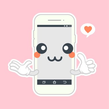 Şirin ve Kawaii akıllı telefon düz tasarım, cep telefonu çizgi film karakteri. Vektör düz çizgi çizgi film Kawaii karakter resimleme simgesi. Telefon, karakter yüz uygulaması kavramına sahip akıllı telefon