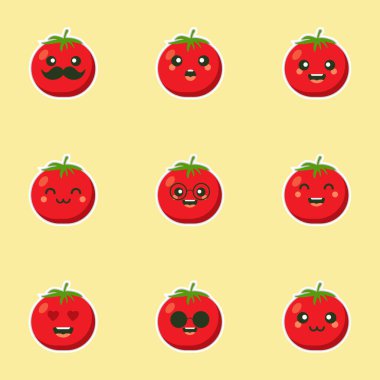 Şirin ve kawaii domates karakteri düz tasarım vektör çizimi. Mutlu sebze çizimi, yeşil yemek, restoran menüsünde, yemek pişirme kitaplarında ve organik tarım etiketlerinde kullanılabilir.