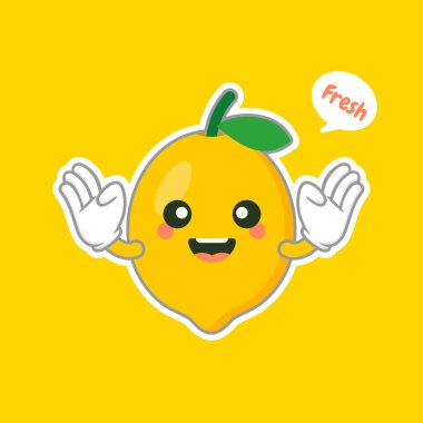Şirin ve kawaii limonlu çizgi film karakteri. Yaz mevsiminde taze limon meyvesi. Komik limon karakteri logosu. Restoran menüsünde, yemek pişirme kitaplarında ve organik tarım etiketlerinde kullanılabilir