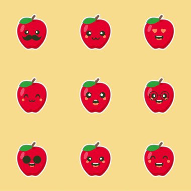 Şirin ve komik suratlı Kawaii Apple karakteri. Mutlu şirin çizgi film elma emojisi. Sağlıklı vejetaryen gıda karakteri çizimi