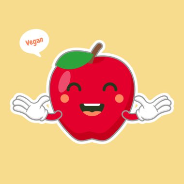 Şirin ve komik suratlı Kawaii Apple karakteri. Mutlu şirin çizgi film elma emojisi. Sağlıklı vejetaryen gıda karakteri çizimi
