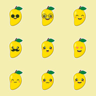 Şirin ve kawaii mango meyvesi karakteri. Sağlıklı beslenme ve yaşam tarzı için düz bir şekilde vektör konsepti çizimi.