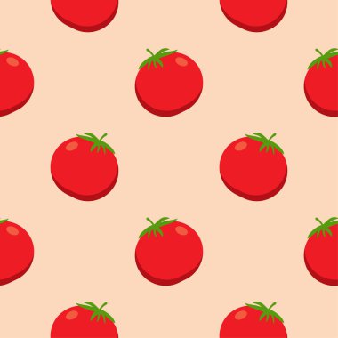 Domates düz dizayn, kusursuz desen. Yapraklar ve sebzelerle kusursuz desen. Sanatın vektör illüstrasyonu. Klasik arka plan. Kumaş ve kağıt için mutfak ve restoran tasarımı