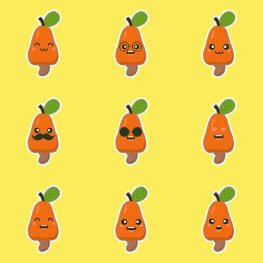 Şirin ve kawaii kaju fıstıklı meyve karakteri. Cevizli ve yapraklı ahşap kesimli meyve.