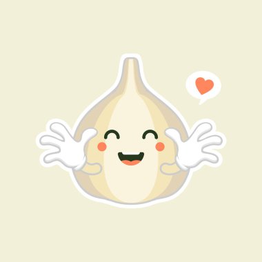 Şirin ve kawaa sarımsaklı çizgi film karakteri düz tasarım vektör çizimi. Restoran menüsü, yemek kitapları ve organik tarım etiketi kullanılabilir. Sağlıklı yiyecekler. Lezzetli vejetaryen. Organik ürün. Mutfak malzemeleri..