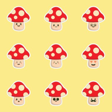 Şirin ve kawaii mantar karakteri düz tasarım vektör çizimi