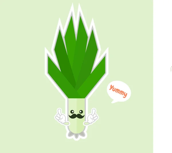 Kawaii Úsměv Pórek Zelenina Kreslené Ilustrace Cibule Jarní Barevném Pozadí — Stockový vektor