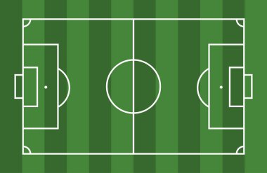Futbol sahası vektör çizimi. Oyuncular için taktik sunumu için koç masası. Spor stratejisi görüşü. Düz futbol sahası, futbol çimleri. Vektör stadyum. Çizgi şablonlu futbol.