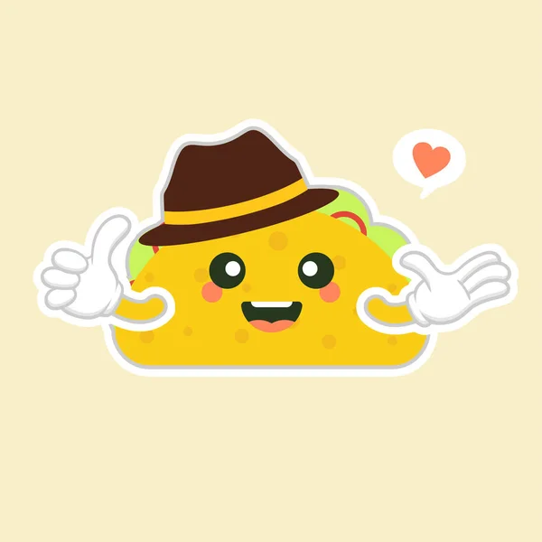 Taco Com Carácter Chapéu Bonito Kawaii Deliciosos Tacos Com Carne — Vetor de Stock