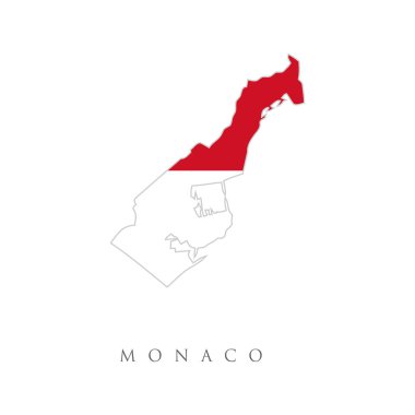 Monaco 'da. Ülkenin bayrağı ve haritası. Monako haritasının silüeti ile sadeleştirilmiş örnekleme simgesi. Ulusal Monako bayrağı (kırmızı, beyaz renkler)).