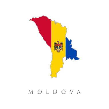 Moldova 'nın bayrak haritası. Moldova, yüksek çözünürlüklü ulusal bayrak haritası. Ülkenin bayrağı beyaz arka planda izole edilmiş ayrıntılı bir dış hat haritasına yerleştirildi. Bayrağı olan Moldavya haritası