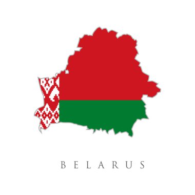 Belarus haritası. Ulusal Beyaz Rusya bayrağı. Beyaz arka plan. Beyaz Rusya bayrak haritası. Ülkenin bayrağı, sınır biçiminde. Beyaz Rusya 'nın Bayrak Haritası.
