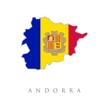 Andorra Bayrak Haritası. Andorra Bayrak Haritası. Andorra Harita Bayrağı. Andorra 'nın ulusal bayrağı beyaz arka planda izole edilmiş Andorra haritası. Vektör illüstrasyonu.