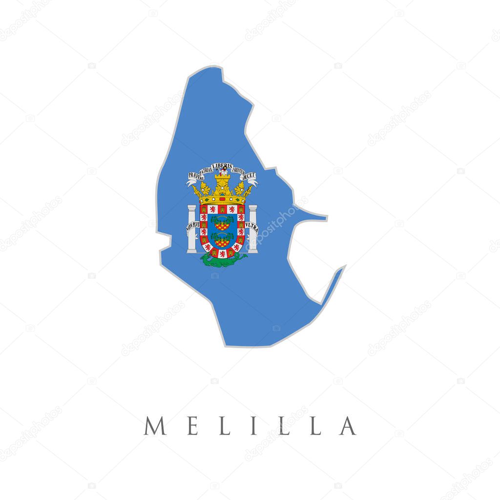 Flag of Melilla. Vector illustration. World map. Kingdom of Spain. High quality map of Melilla and flag. Shape map and flag of Melilla country.