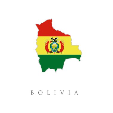 Bolivia flag on map of country; isolated on white background. Illustrated Country Shape with the Flag inside of Bolivia. The country sign with map of Bolivia with Bolivian flag.