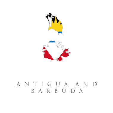 Antigua ve Barbuda Harita Bayrağı. Antigua ve Barbuda 'nın ulusal bayrağı beyaz arka planda izole edilmiş haritası..
