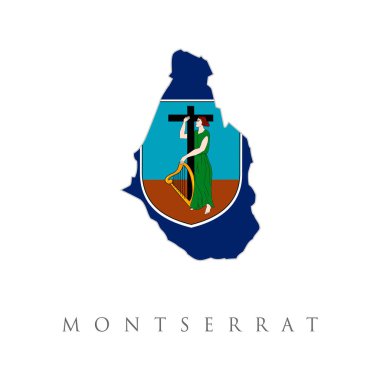 Montserrat haritası bayrak renkleriyle renklendirilmiş. Montserrat haritası beyaz arka planda izole edilmiş bir bayrak. Britanya Denizaşırı Toprakları, Birleşik Krallık, İngiltere. Vektör illüstrasyonu.Resim açıklaması