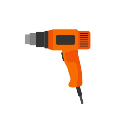 Beyaz arka planda ısı tabancası düz deign vektör çizimi izole edildi. elektrikli ateşli silah elektrikli sıcak hava cihazı tamir, el yapımı ve endüstriyel bakım uygulamaları için