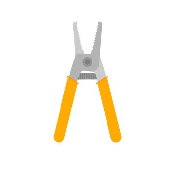 Beyaz arka planda izole edilmiş kablo sökücü düz tasarım çizimi. Profesyonel tel sökücü ve turuncu yalıtımlı saplı kesici, elektrik ve DIY işi için ideal..