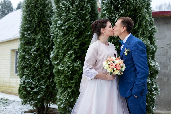 Frischvermählte Küssen Und Umarmen Sich Auf Einem Hochzeitsspaziergang Winter Und — Stockfoto