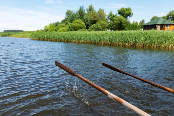 Athletes Vacation Engaged Rowing Swimmers Wooden Oars Hit Water Splashing — Stock Photo, Image