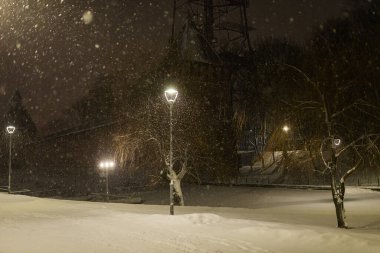 Şehir parkı bir kış gecesi, güzel dekoratif aydınlatma, insansız güçlü soğuk kar fırtınası.