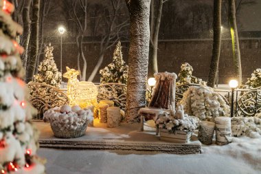 Kış parkı çelenklerle süslenmiş. Güzel fotoğraf bölgesi karla kaplı. Gece şehrinin muhteşem atmosferi.