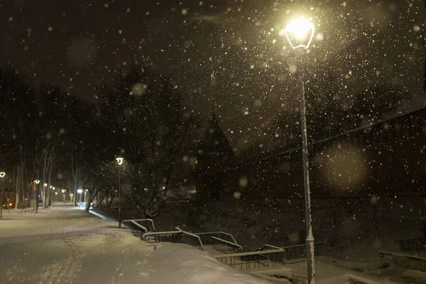 Городской Парк Зимнюю Ночь Красивое Декоративное Освещение Сильный Холодный Снегопад — стоковое фото