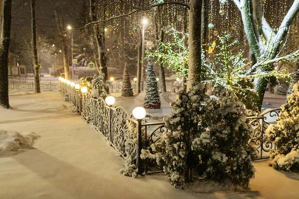 Winter Park Decorated Garlands Beautiful Photo Zone Covered Snow Fabulous — Zdjęcie stockowe