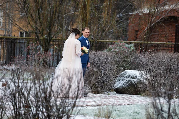 Two Newlyweds Wedding Walk Winter Lovers Happily Hug Gently Kiss — Stock Photo, Image