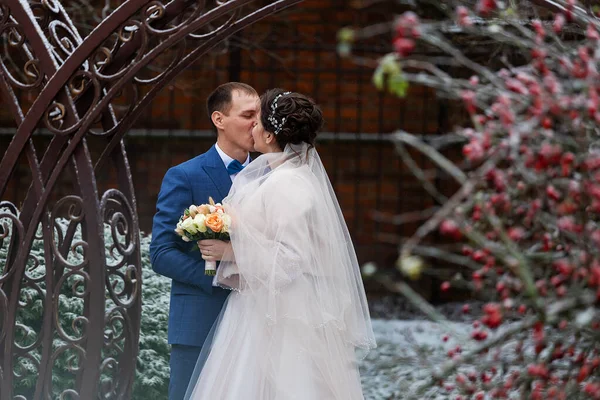 Zwei Frischvermählte Auf Einem Hochzeitsspaziergang Winter Verliebte Umarmen Sich Glücklich — Stockfoto