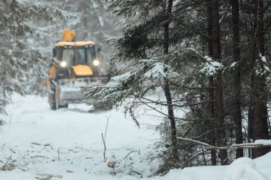 Endüstriyel traktör kış ormanlarında yol alıyor, ağır iş yapan keresteciler ağır kar altında ilerliyor, yasadışı ağaç kesiliyor.