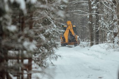 Endüstriyel traktör kış ormanlarında yol alıyor, ağır iş yapan keresteciler ağır kar altında ilerliyor, yasadışı ağaç kesiliyor.
