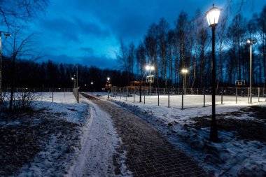 Kışın gece parkında yaya köprüsü, fenerlerin güzel ışığı.